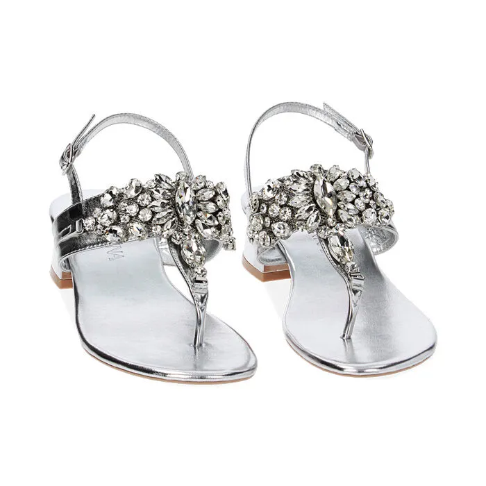 Sandali argento in laminato con pietre, tacco 4 cm