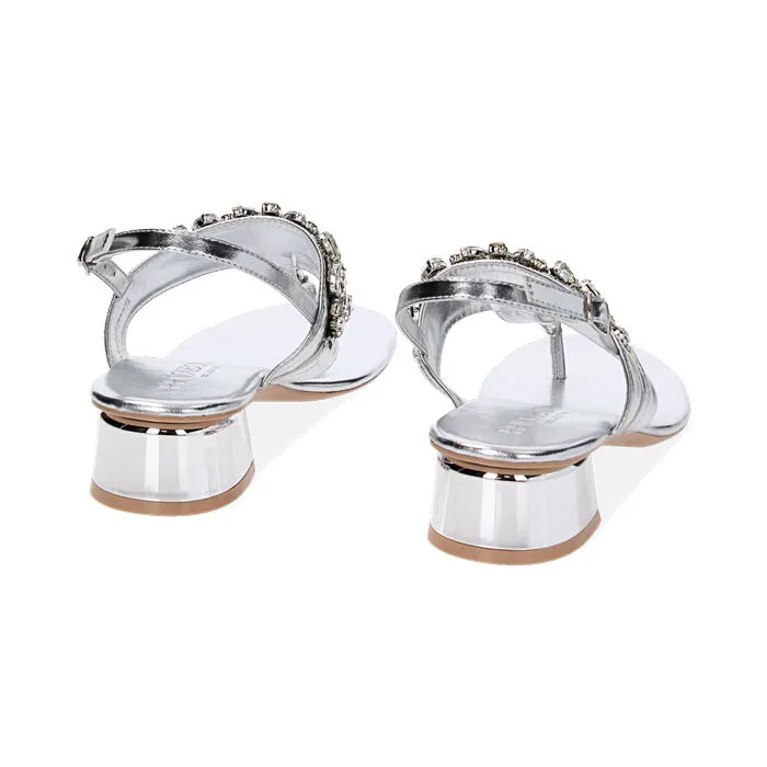 Sandali argento in laminato con pietre, tacco 4 cm