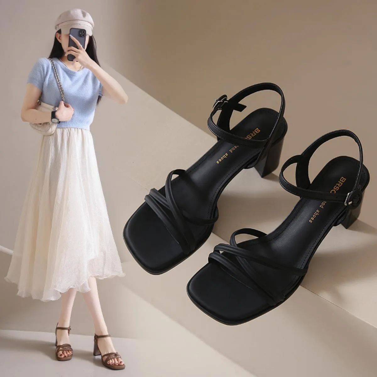 Sandali da donna Estate Nuove scarpe alte con tacco quadrato Sandali romani alla moda Pantofole da donna con punta aperta in bia