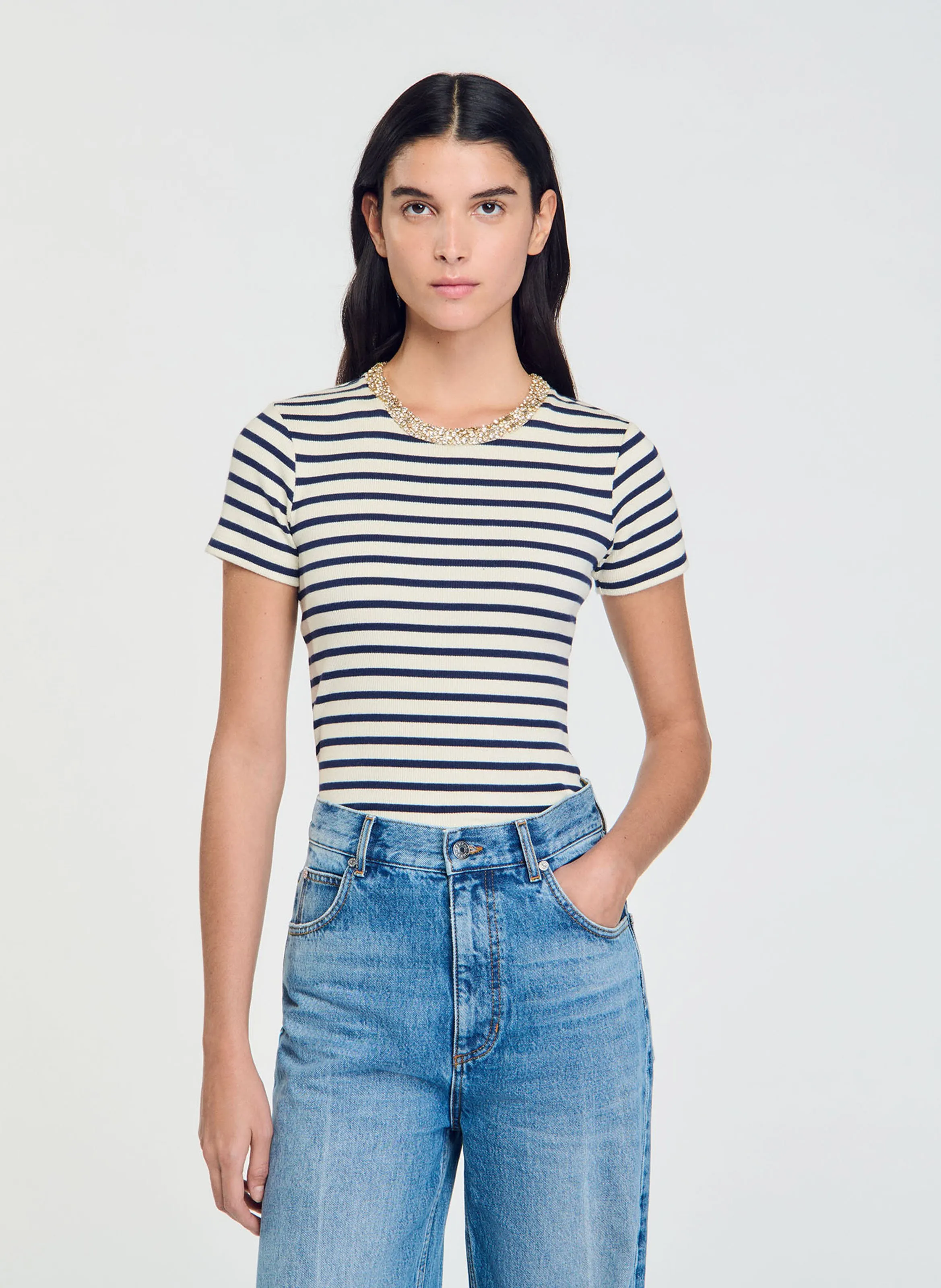  SANDRO   Maglietta aderente in cotone misto stampato | Blu