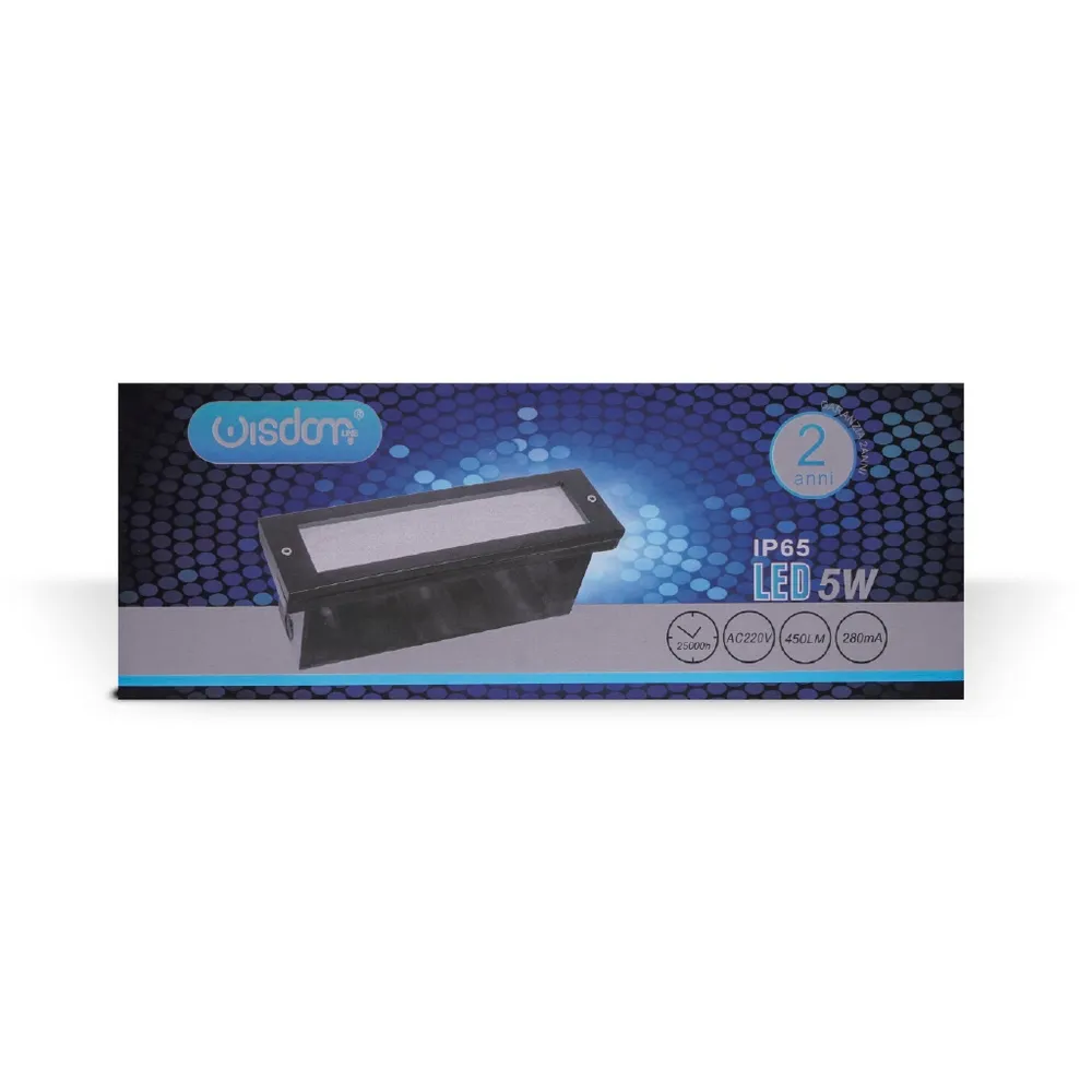 Segnapasso Led Nero 5W da incasso a parete Rettangolare IP65 Bianco caldo 3000K Wisdom