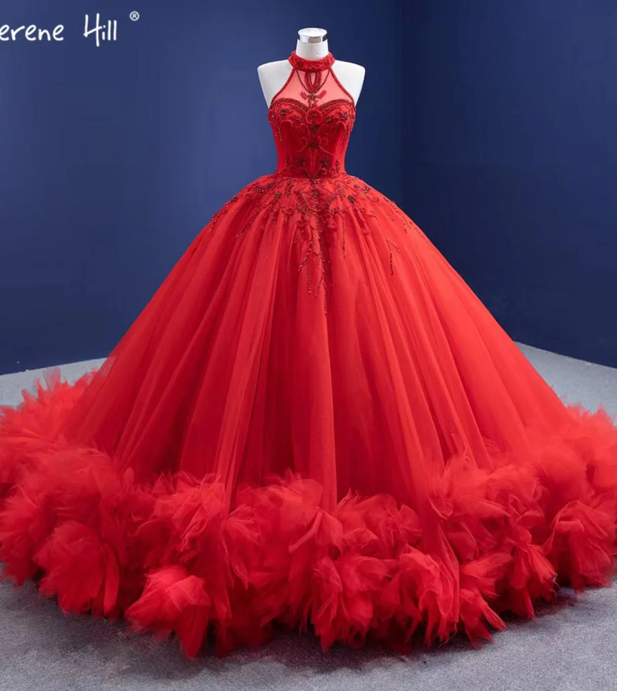 Serene Hill Red Ruffles Abiti da sposa di lusso con perline Abiti da sposa senza maniche con lacci Hm67324 Abiti da sposa su mis