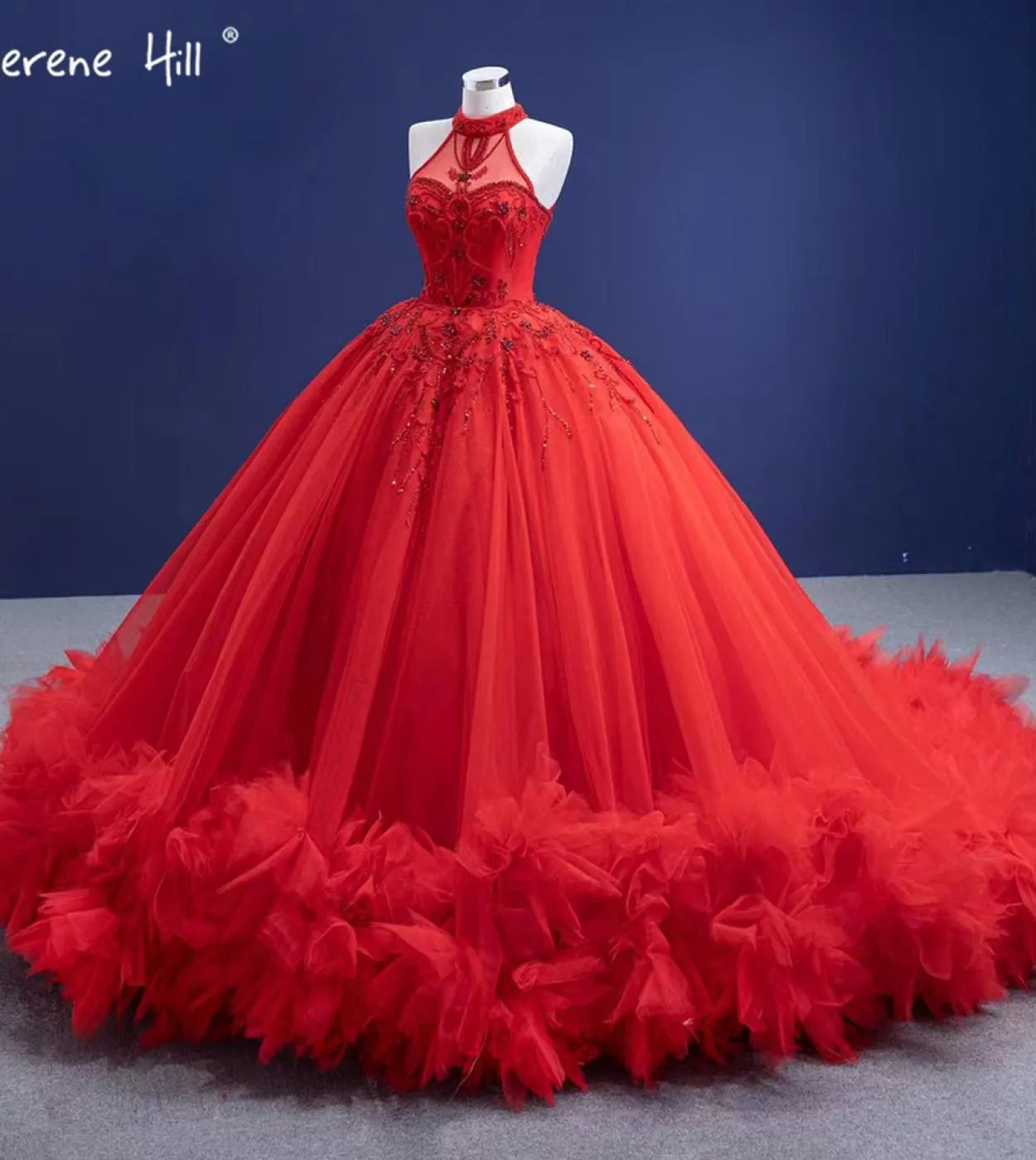 Serene Hill Red Ruffles Abiti da sposa di lusso con perline Abiti da sposa senza maniche con lacci Hm67324 Abiti da sposa su mis