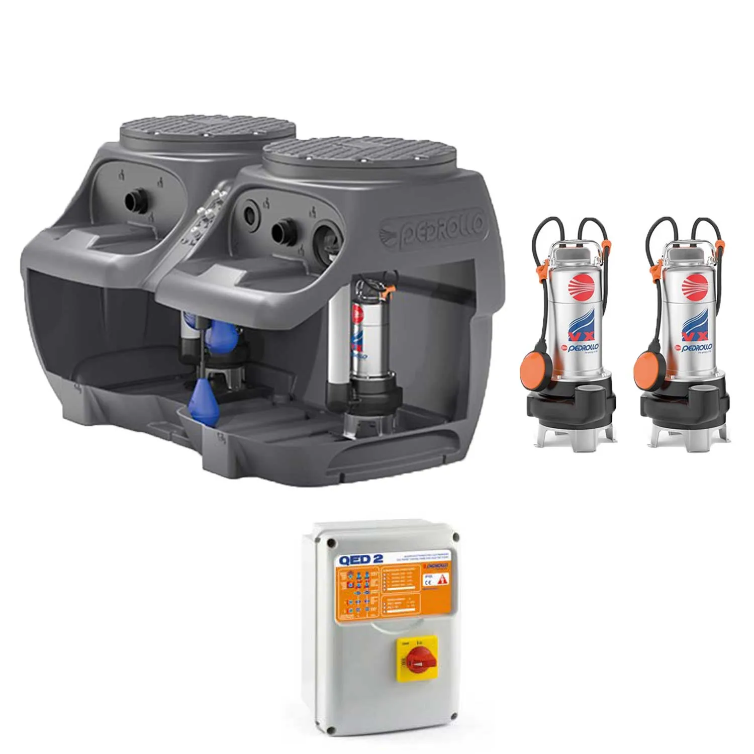 Stazione accumulo Pedrollo Sar550vxm10/35 550 lt con 2 pompe per acque luride fognatura, cavo di alimentazione, quadro elettrico