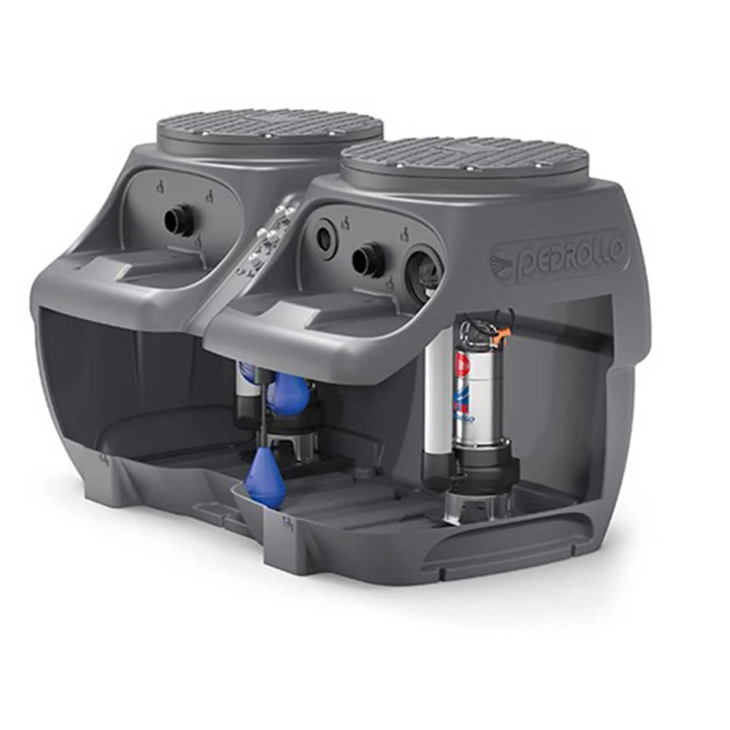 Stazione accumulo Pedrollo Sar550vxm10/35 550 lt con 2 pompe per acque luride fognatura, cavo di alimentazione, quadro elettrico