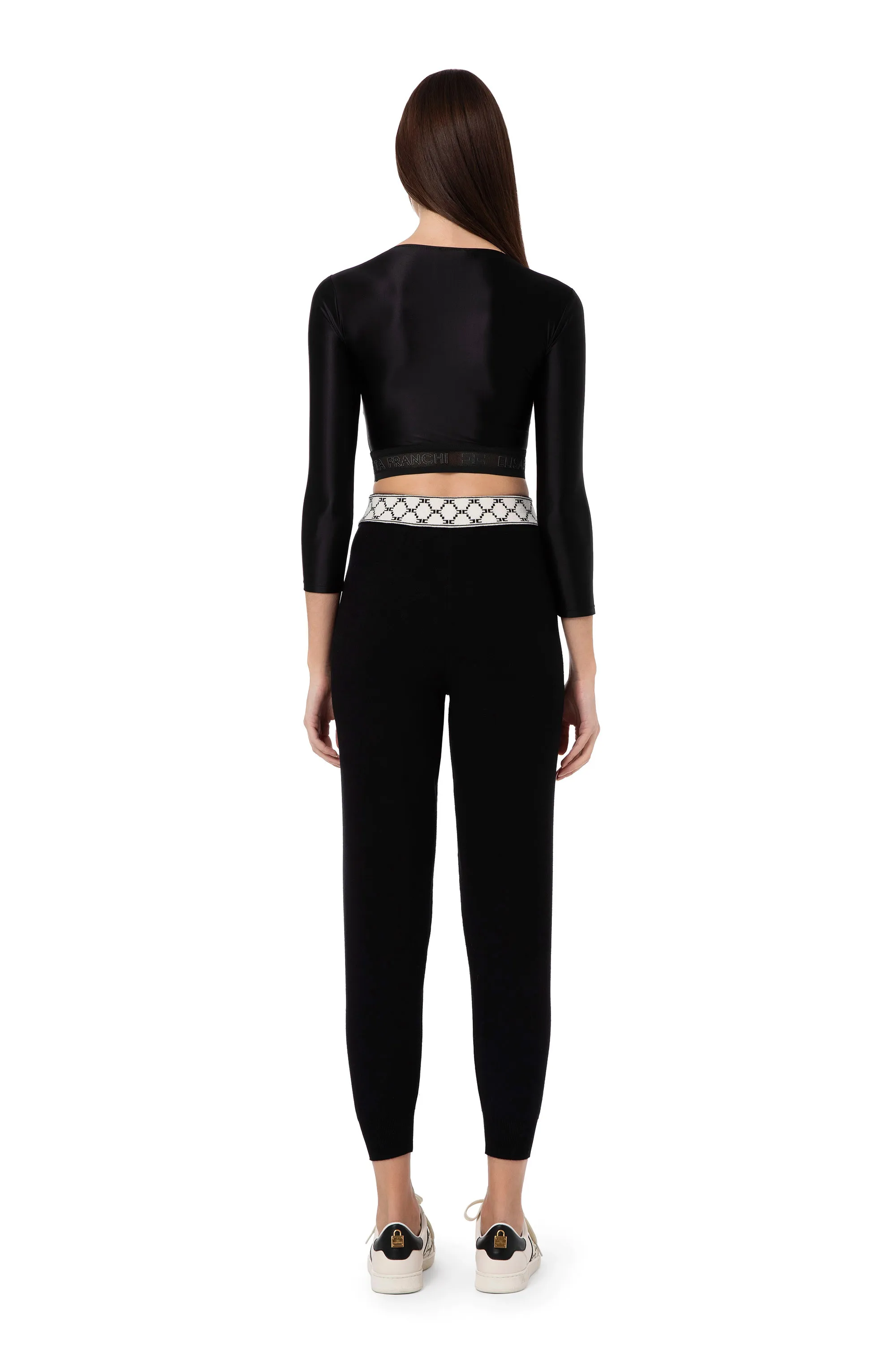 Top in lycra lucida a girocollo con maniche a ¾