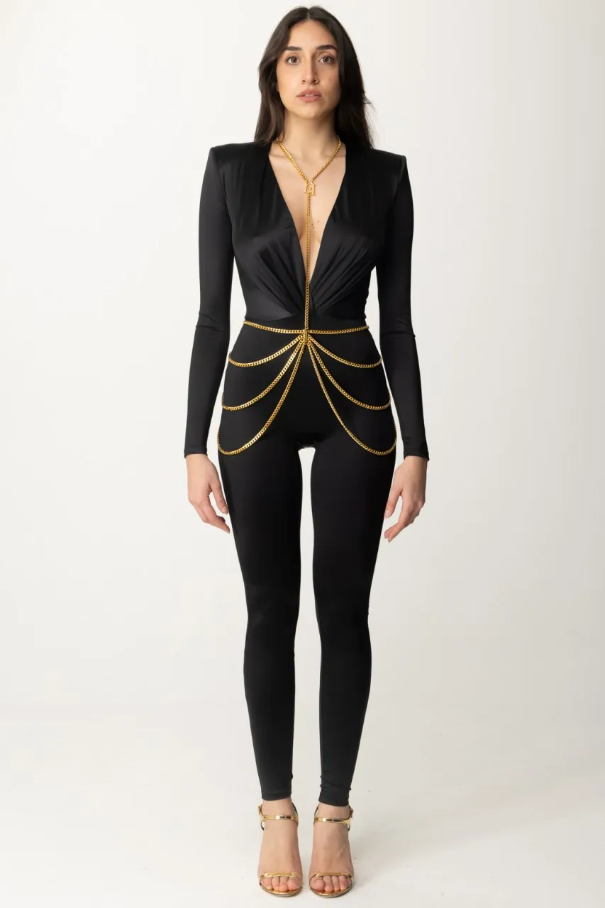 Tuta in lycra lucida con body chain Nero