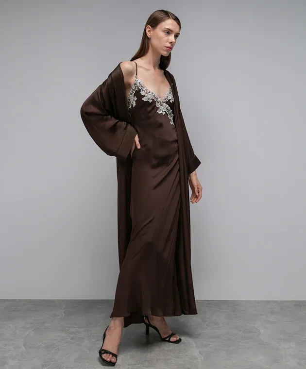 Twinset Camicia da notte marrone con pizzo 232LL2AYY
