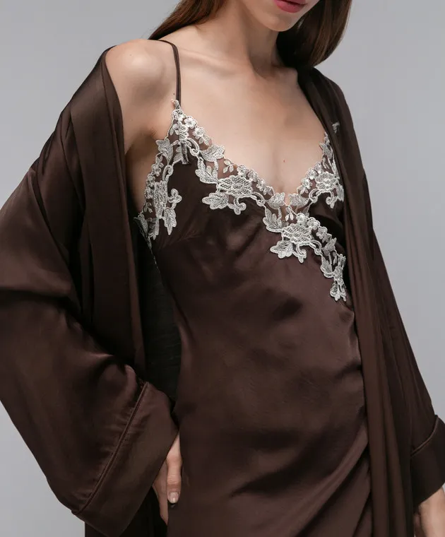 Twinset Camicia da notte marrone con pizzo 232LL2AYY